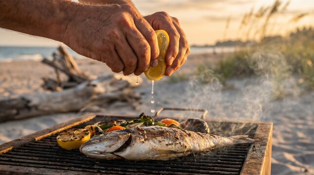 Man Squeezing Lemon over Whole Grilled Fish on Barbecue Near Beach Dunes
