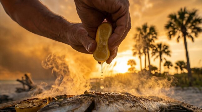 Man Grilling Whole Fish on Beach at Dramatic Palm Tree Sunset