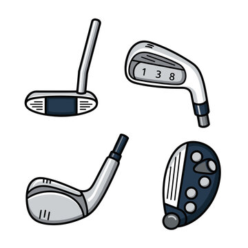 Set of four golf club heads in flat vector style including putter, iron, wood, and hybrid for sporting equipment design and tournament branding