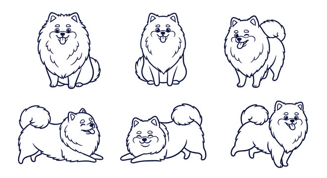 vector set of fluffy dogs in outline, cartoonish, simple line art, happy and playful poses, adorable animal illustration