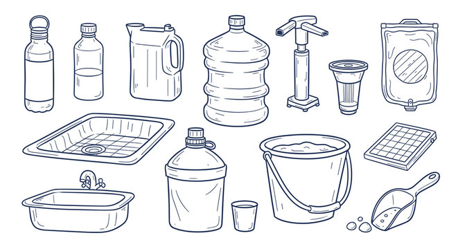 Collection of various containers and vessels in outline style, including bottles, jugs, buckets, and water dispensers, isolated on a plain