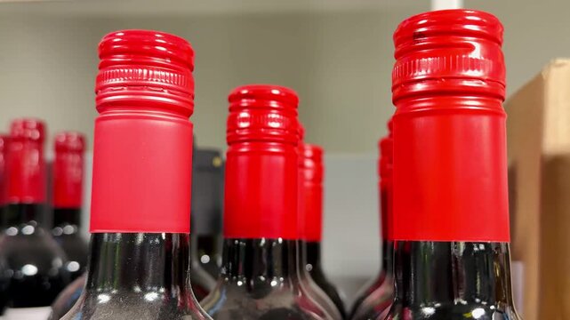 Close-up red wine bottle necks, rows of assorted brands on store shelf with glossy foil caps and visible cork tops, tight framing