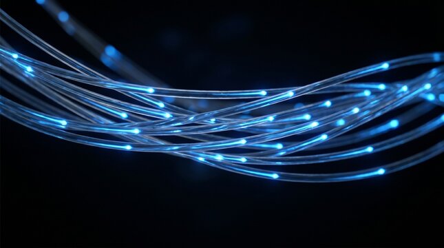 Advanced fiber optic communication technology with luminous blue data streams, digital network connectivity and high bandwidth cyberspace concept
