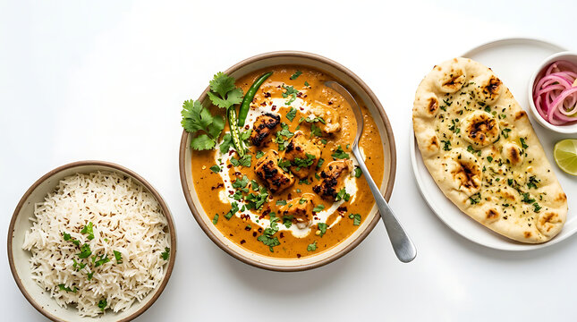 A Delicious Indian Meal Featuring Butter Chicken Curry, Basmati Rice, and Garlic Naan Bread with Pickled Onions