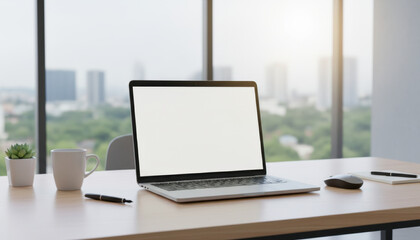 Fototapeta premium Modern Laptop on Clean Desk in Bright Office with Window View