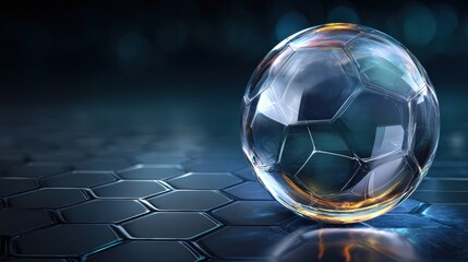 Naklejka premium Transparent glass sphere shows intricate light patterns on dark surface with a geometric design behind, creating a striking visual effect.