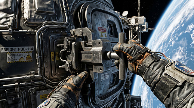 Astronaut working on spacecraft in space