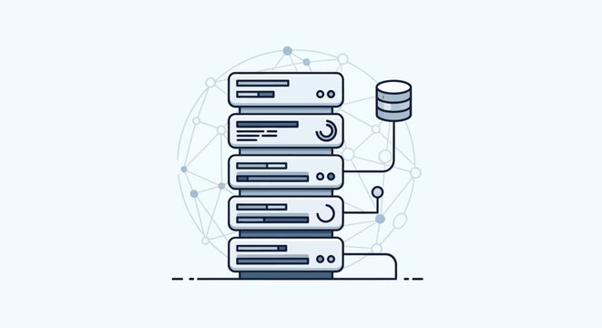 Illustration of a server rack connected to a database storage icon.