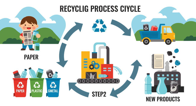 Illustration showing a recycling process cycle for paper plastic and metal.
