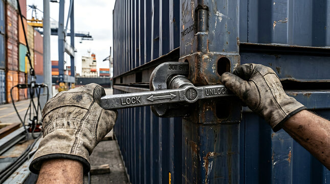 Person securing shipping container with lock