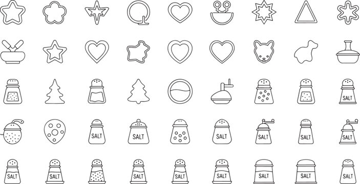 Collection of outline for cookie cutters salt shakers and kitchen utensils