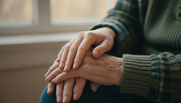 Close-up of a person's hands resting gently on top of an elderly person's hands, symbolizing care, comfort, support, and intergenerational connection.