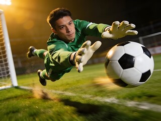 Naklejka premium Soccer Goalkeeper Catching the Ball During Football Match, Professional Goalkeeper Save Action in Stadium