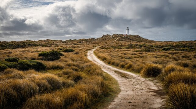 Coastal path leading to distant lighthouse