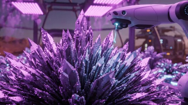Robotic Arm Harvesting Glowing Purple Crystals in Futuristic Lab