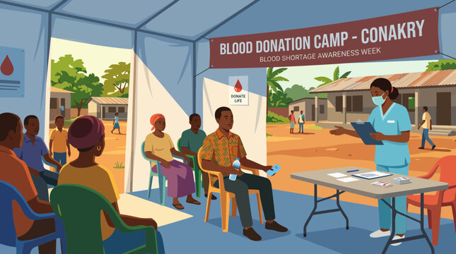 Blood Donation Camp in West Africa Community Healthcare Illustration