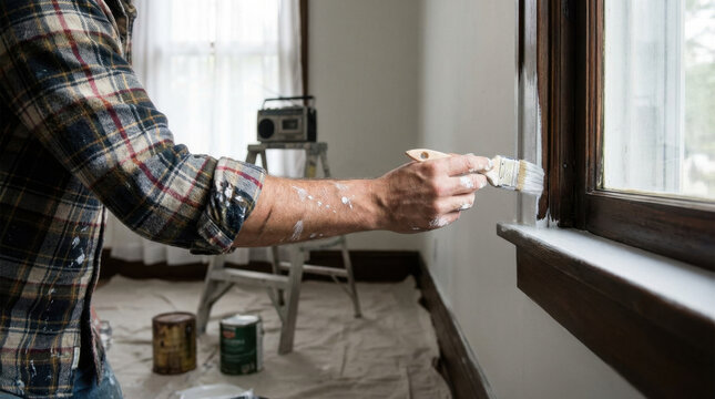 Diy Painter Applying Whitewash on Window Cill in Room