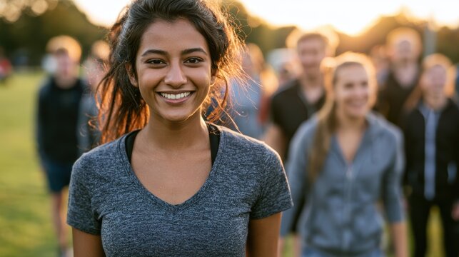 A young south asian woman smiling while attending an outdoor bootcamp workout with a group of people in a park
