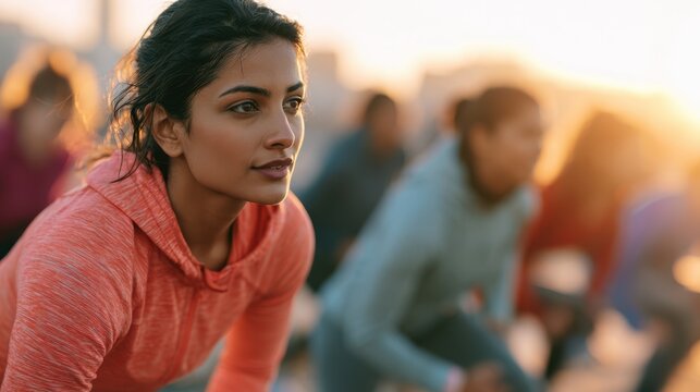 Focused south asian woman in her late 20s working out in an outdoor fitness bootcamp class at sunrise