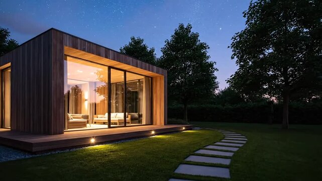 Modern wooden house with garden path.