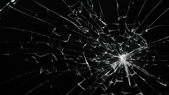 Broken cracks glass fracture effect texture abstract black background. Dynamic cracked screen overlay with sharp glass fractures in a dark background.
Dynamic explosion of a glass shattering.