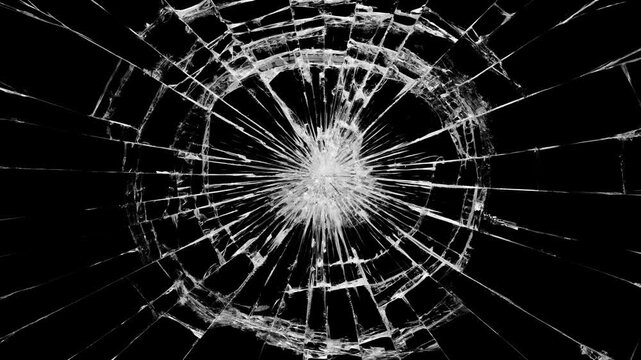 Broken cracks glass fracture effect texture abstract black background. Dynamic cracked screen overlay with sharp glass fractures in a dark background.
Dynamic explosion of a glass shattering.