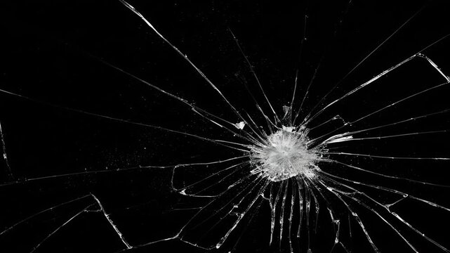 Broken cracks glass fracture effect texture abstract black background. Dynamic cracked screen overlay with sharp glass fractures in a dark background.
Dynamic explosion of a glass shattering.