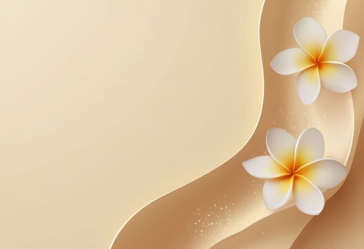 Two frangipani flowers on a smooth beige wavy surface with frangipani abstract background minimalist refreshing peaceful relaxation delicate decoration material gentleness