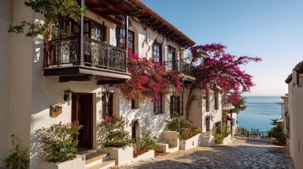 Fototapeta premium Coastal town street with white buildings