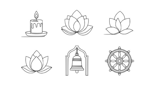 Buddhist Symbols Line Art: Candle, Lotus Flower, Bell, Dharma Wheel Icons