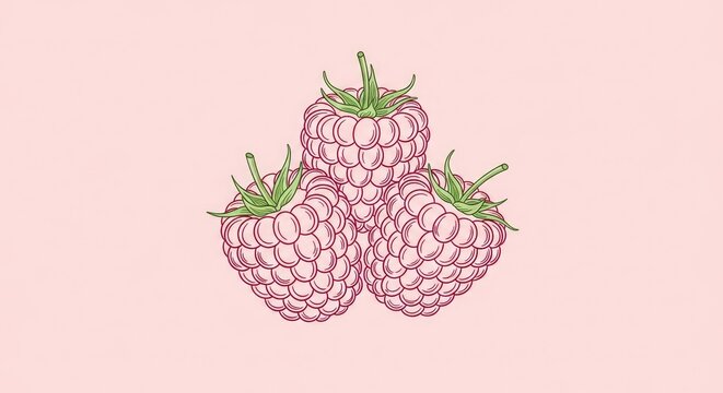 Hand drawn group of three fresh raspberries on pink background.
