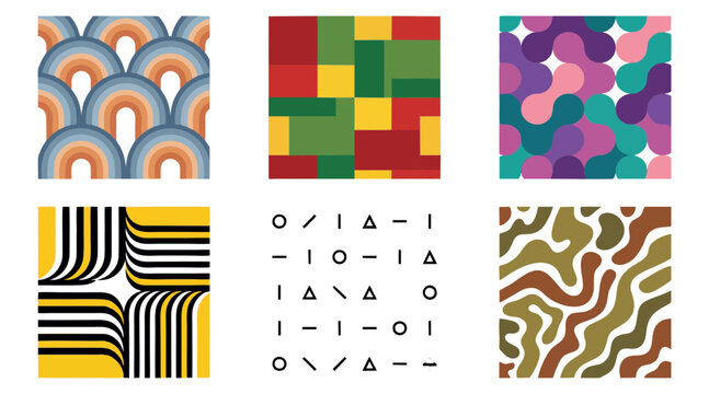 Set of six vibrant abstract vector graphic patterns featuring geometric shapes and organic flowing lines for modern creative design projects