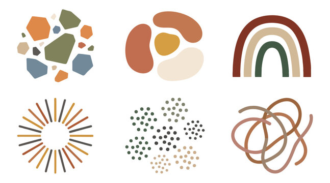 Collection of aesthetic boho vector graphic elements featuring abstract shapes rainbows sunbursts and organic textures in muted earth tone colors