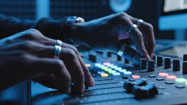 Hands of a sound engineer adjusting a mixing console.