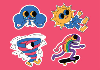 Fototapeta premium Sad cloud sun in pajamas tornado rainbow monster on skateboard with weather elements skateboard