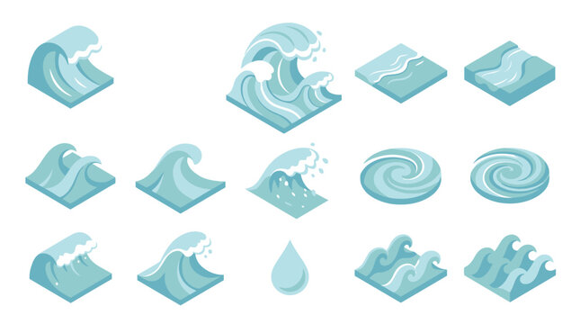 A collection of various isometric water wave icons on a white background