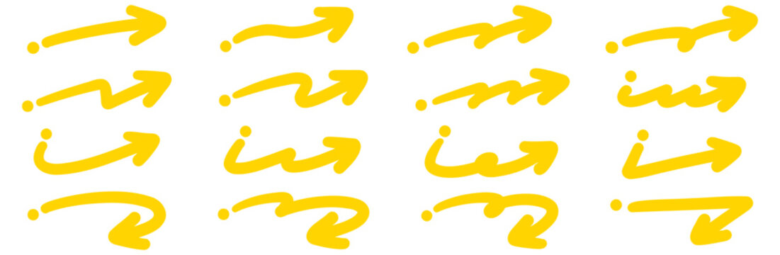 手書きの矢印セット 黄色の蛍光ペン風の注目や視線誘導に使えるあしらい