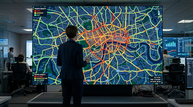 Person analyzing traffic map on large screen