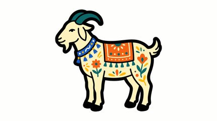 Fototapeta premium Stylized standing goat adorned with colorful traditional patterns and decorative harness elements.