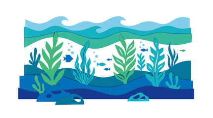 Fototapeta premium Stylized underwater ocean landscape with colorful seaweed and fish.