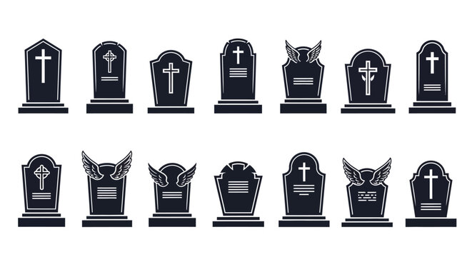 Collection of various tombstone designs and symbols.