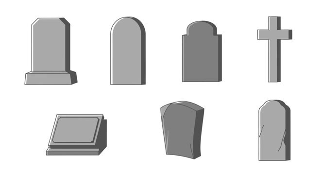 Gray tombstones and crosses on white background.