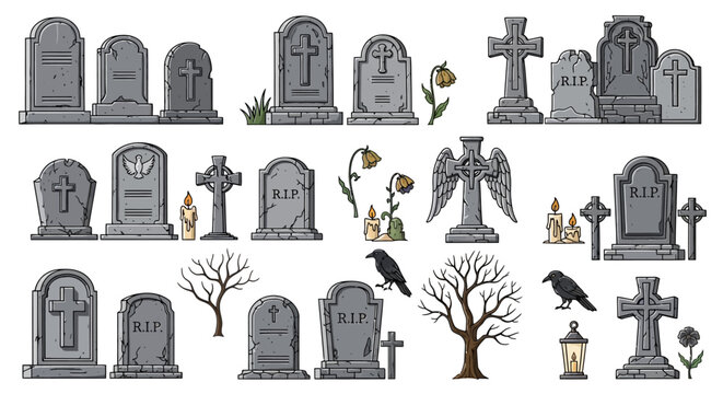 Halloween graveyard tombstones and spooky decorations.