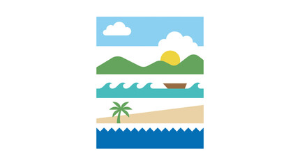 Fototapeta premium Geometric layered illustration of sun, mountains, sea, and beach scenes.