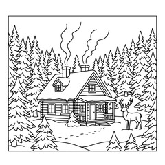 Naklejka premium Cozy Winter Log Cabin in Snowy Pine Forest with Deer Coloring Page
