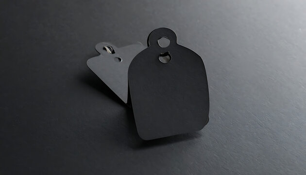 Two blank black metallic tags casting shadows on a dark textured surface, product tags for labeling or identification