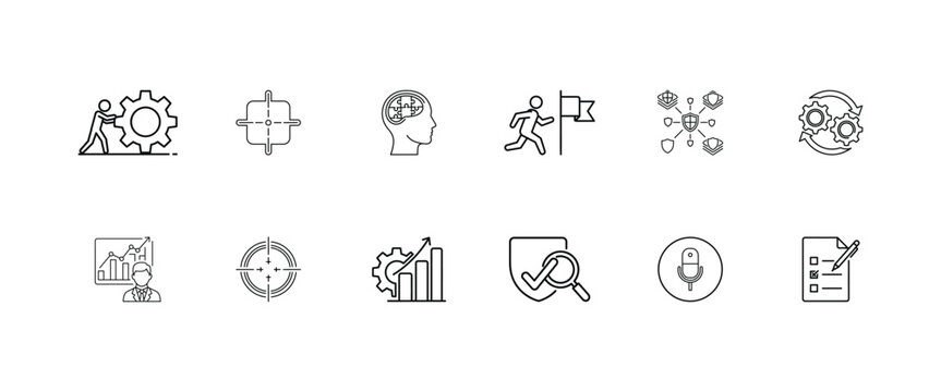 Business management and strategy line icon collection showing professional goals analytics teamwork target security and data analysis concepts for corporate presentations and web interfaces.