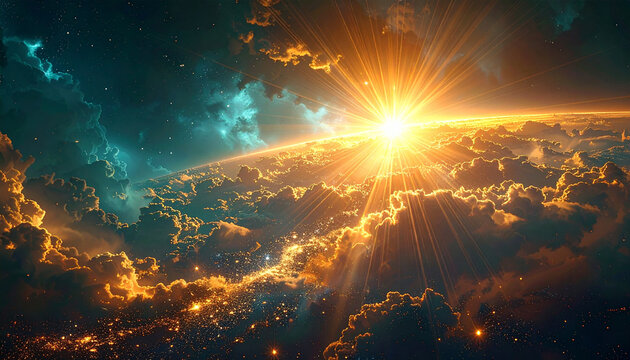 Cosmic Sunrise Over the Horizon: A brilliant sun bursts forth, casting radiant golden and orange rays through a dramatic sky filled with textured clouds and cosmic nebulae.