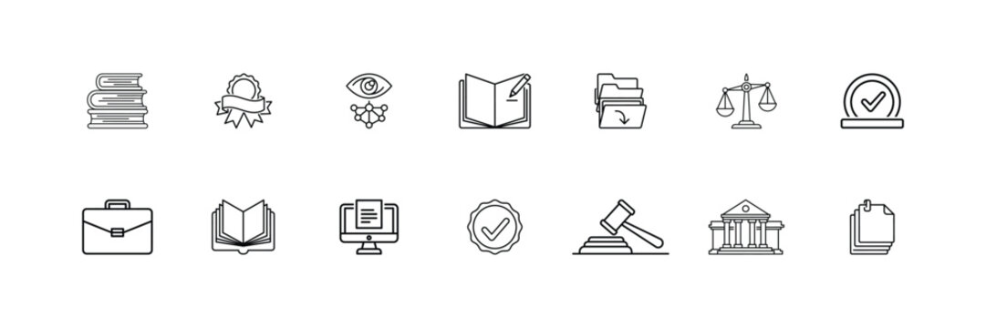 Extensive collection of sixteen law and education related line art icons, featuring symbols of justice, knowledge, documentation, and professional integrity for diverse applications.