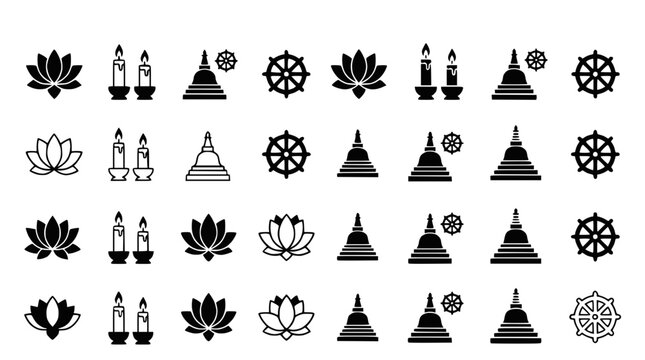 Buddhist Symbols Collection: Lotus Flowers, Stupas, Dharmachakra, Candles
